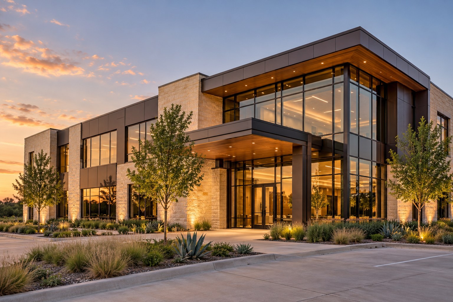 Illustrative concept of a limestone and glass commercial office building
